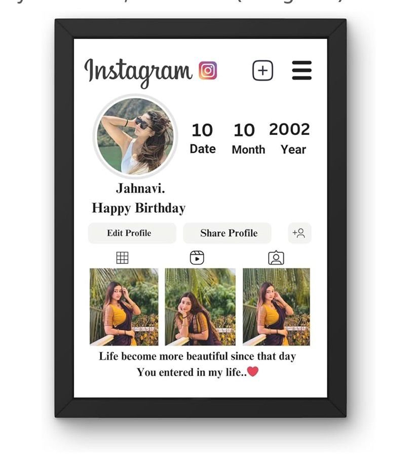 Personalized Instagram Style Birthday Photo Frame | Customized A4 Photo Frame with Name, DOB & Photos | Unique Birthday Gift